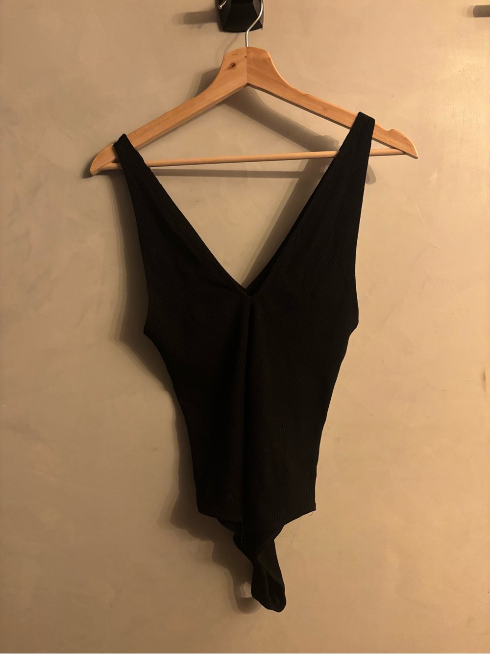 Reformation Black Ribbed V-Neck Bodysuit